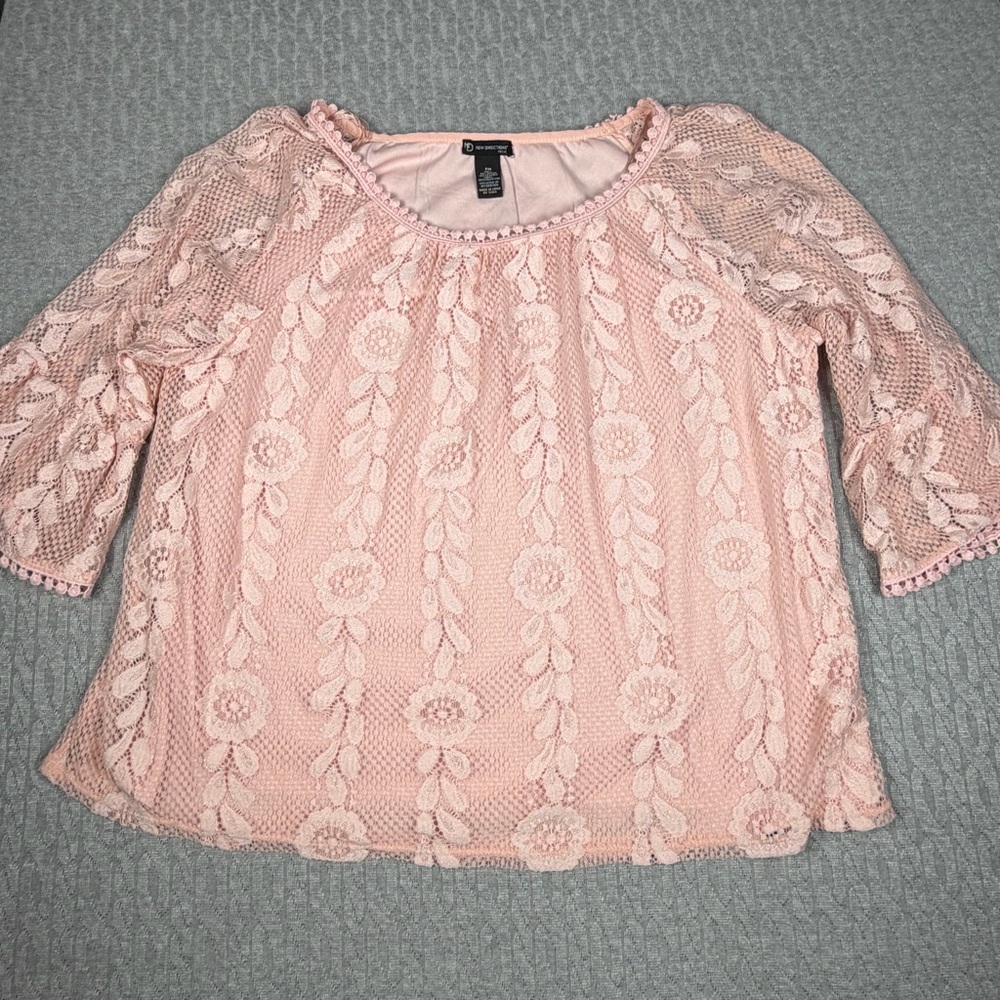 New Directions Petites Pink Floral Lace Peasant Blouse PM